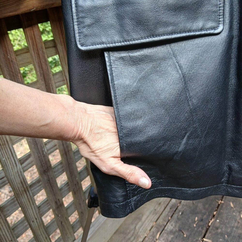 Vintage 90's Black Leather Warm Double Lined Car Coat Many Pockets & Details SzL - Picture 3 of 16